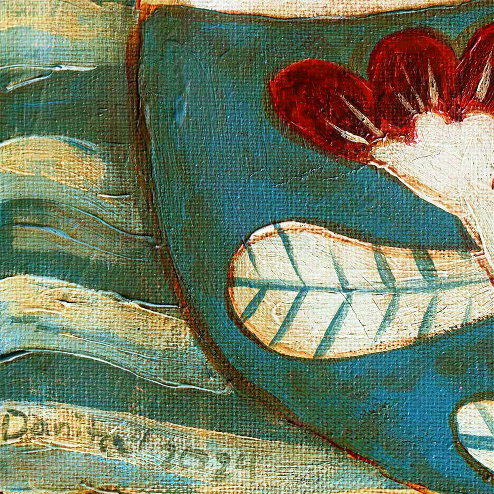 An original painting by Idania Salcido, the artist behind Danita Art. A folk art outsider  painting of a topless redhead mermaid with a tail decorated with botanical and floral motifs. If you love decorating with original art, this mermaid is perfect any home decoration style. 