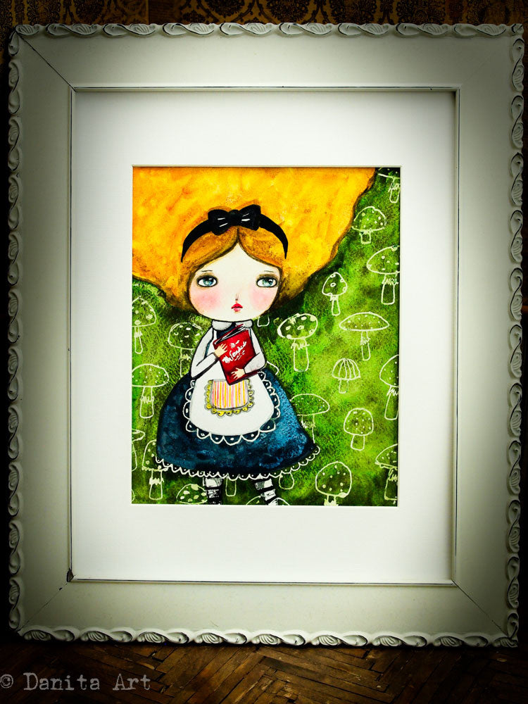 Alice in the toadstool garden - Original watercolor painting, Original Art by Danita Art