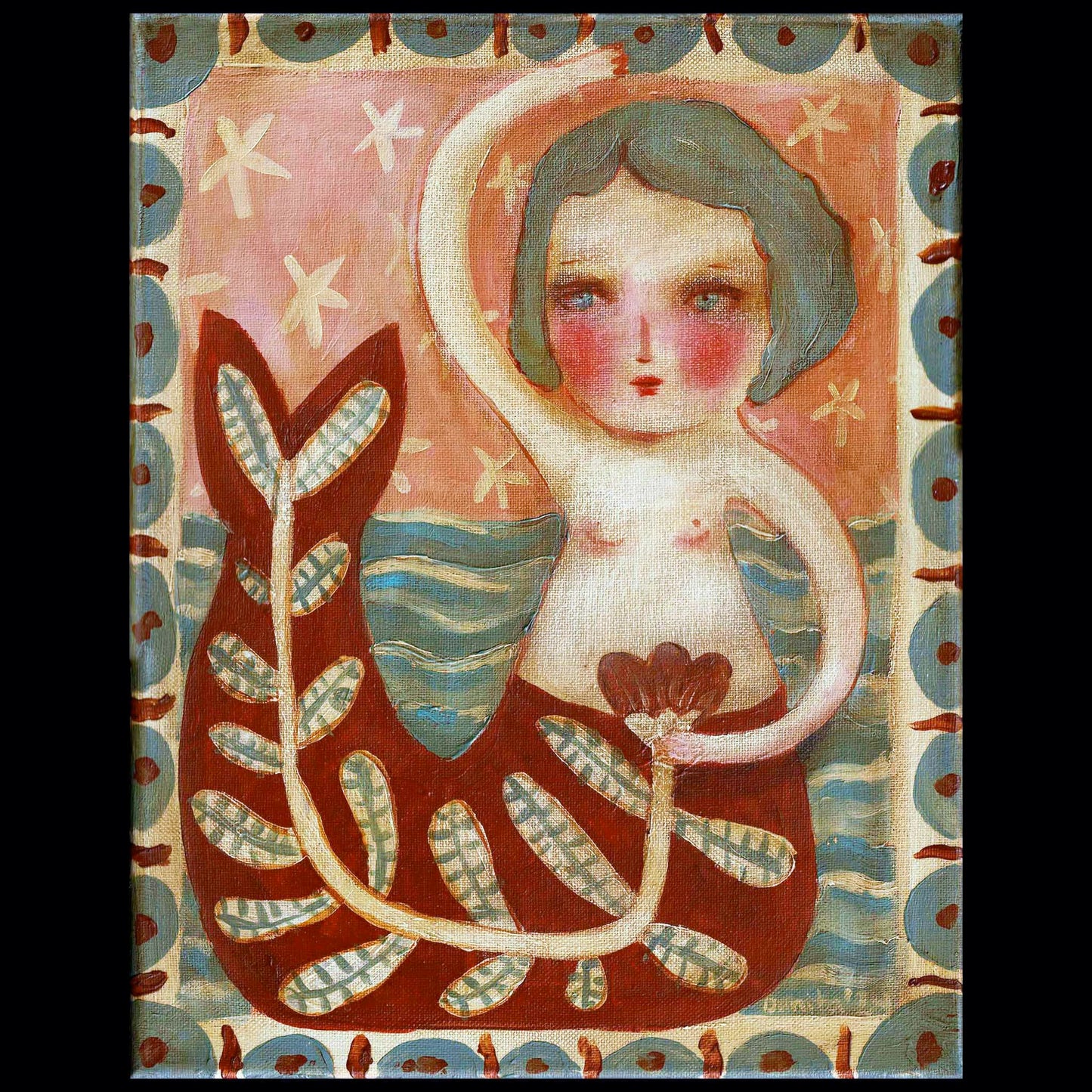 An original painting by Idania Salcido, the artist behind Danita Art. A folk art outsider  painting of a topless redhead mermaid with a tail decorated with botanical and floral motifs. If you love decorating with original art, this mermaid is perfect any home decoration style. 