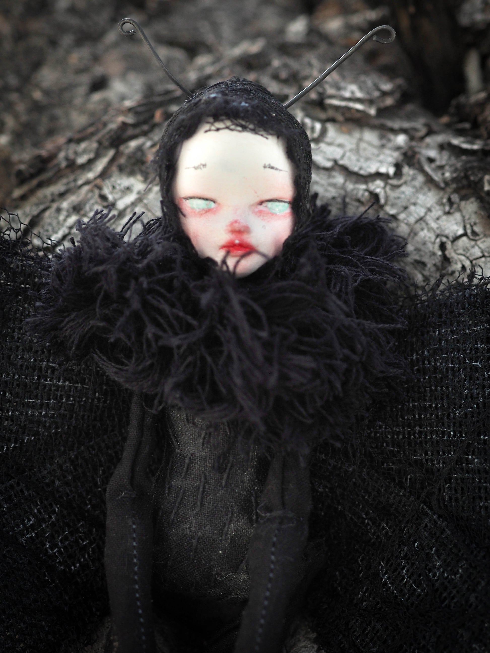 Original goth ard doll y Danita Art. Moth figurine toy perfect for the halloween collector who loves handmade unique surreal and whimsical art