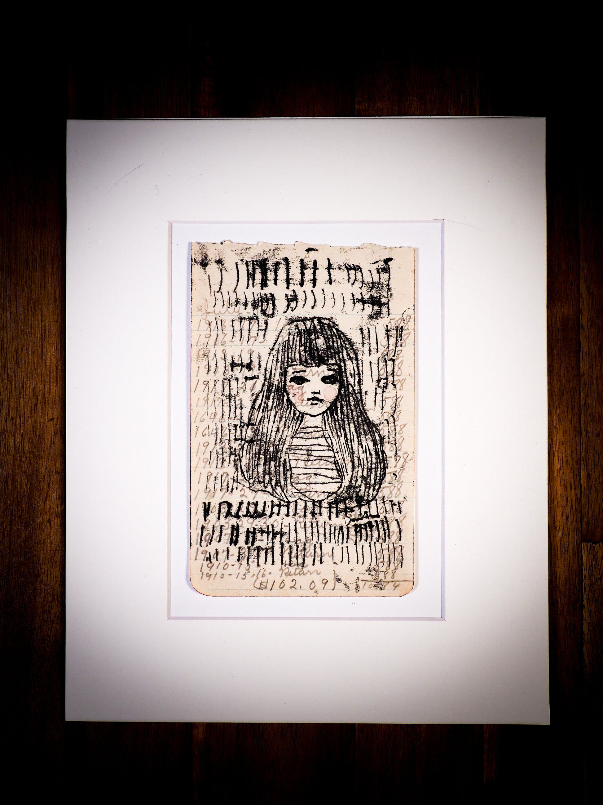 An original watercolor painting by Idania Salcido, the artist behind Danita Art.  This is a beautiful monoprint, a one of a kind ink and vintage paper original art, a self portrait painted on a mid 20th century notes sheet with handwritten characters in ink.