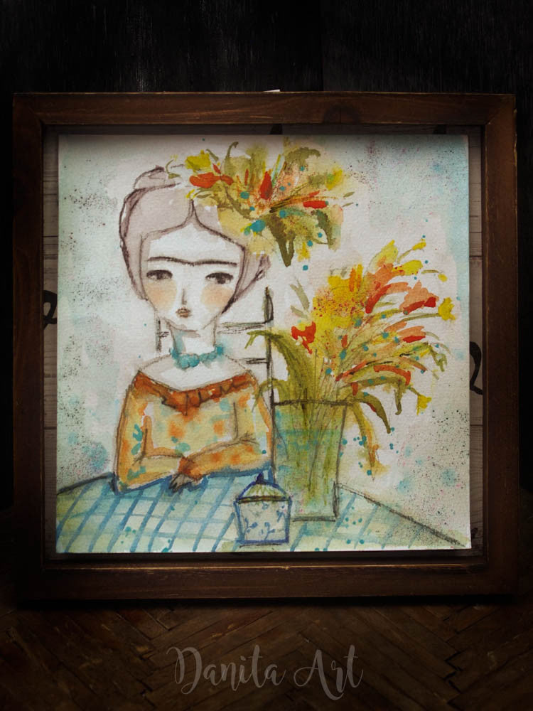Frida with flowers, Original Art by Danita Art