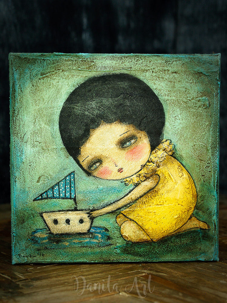 Yellow boat, Original Art by Danita Art