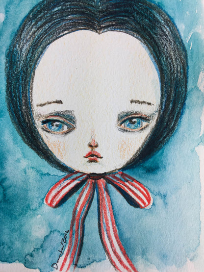 Study of a girl with a red bow, watercolor on paper original by Danita.