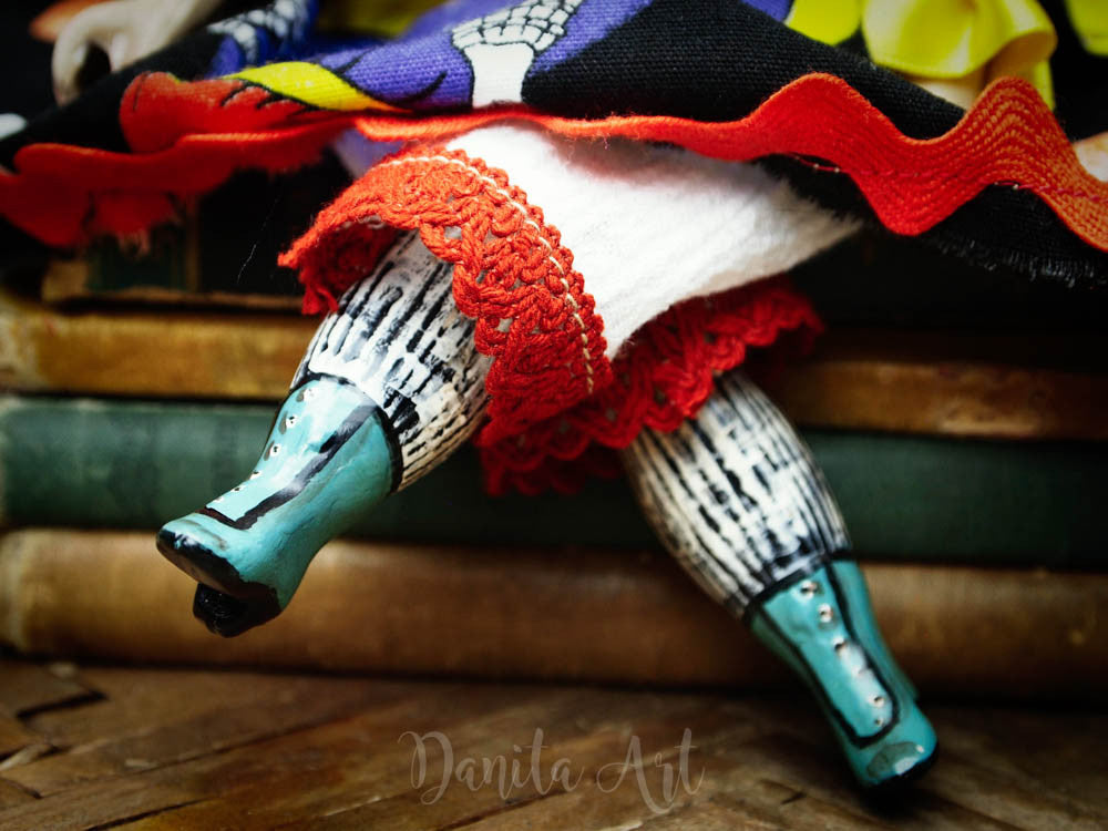 Frida with skulls, Art Doll by Danita Art