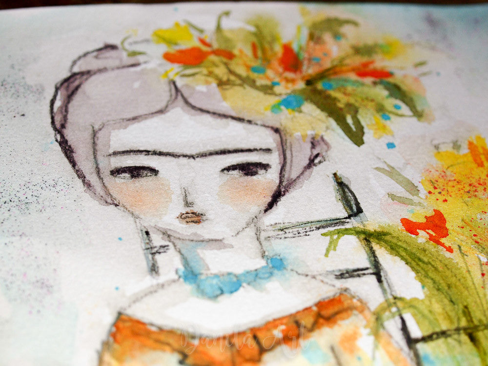 Frida with flowers, Original Art by Danita Art