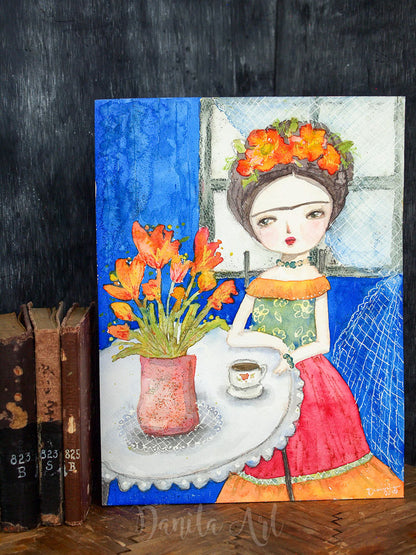 Frida sitting with red flowers, Original Art by Danita Art