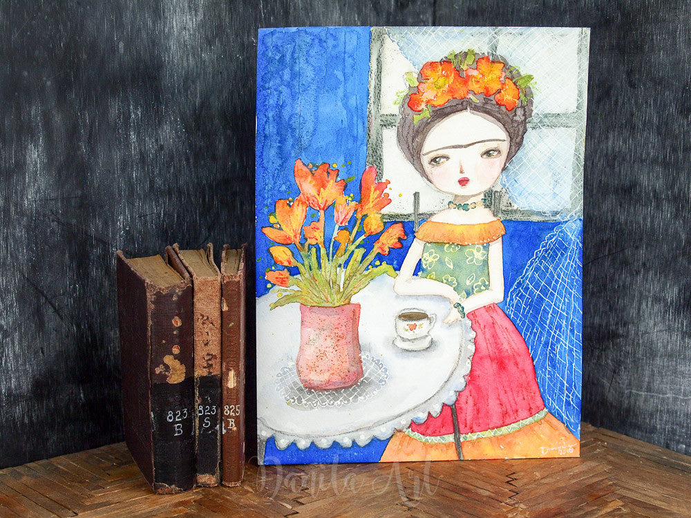 Frida sitting with red flowers, Original Art by Danita Art