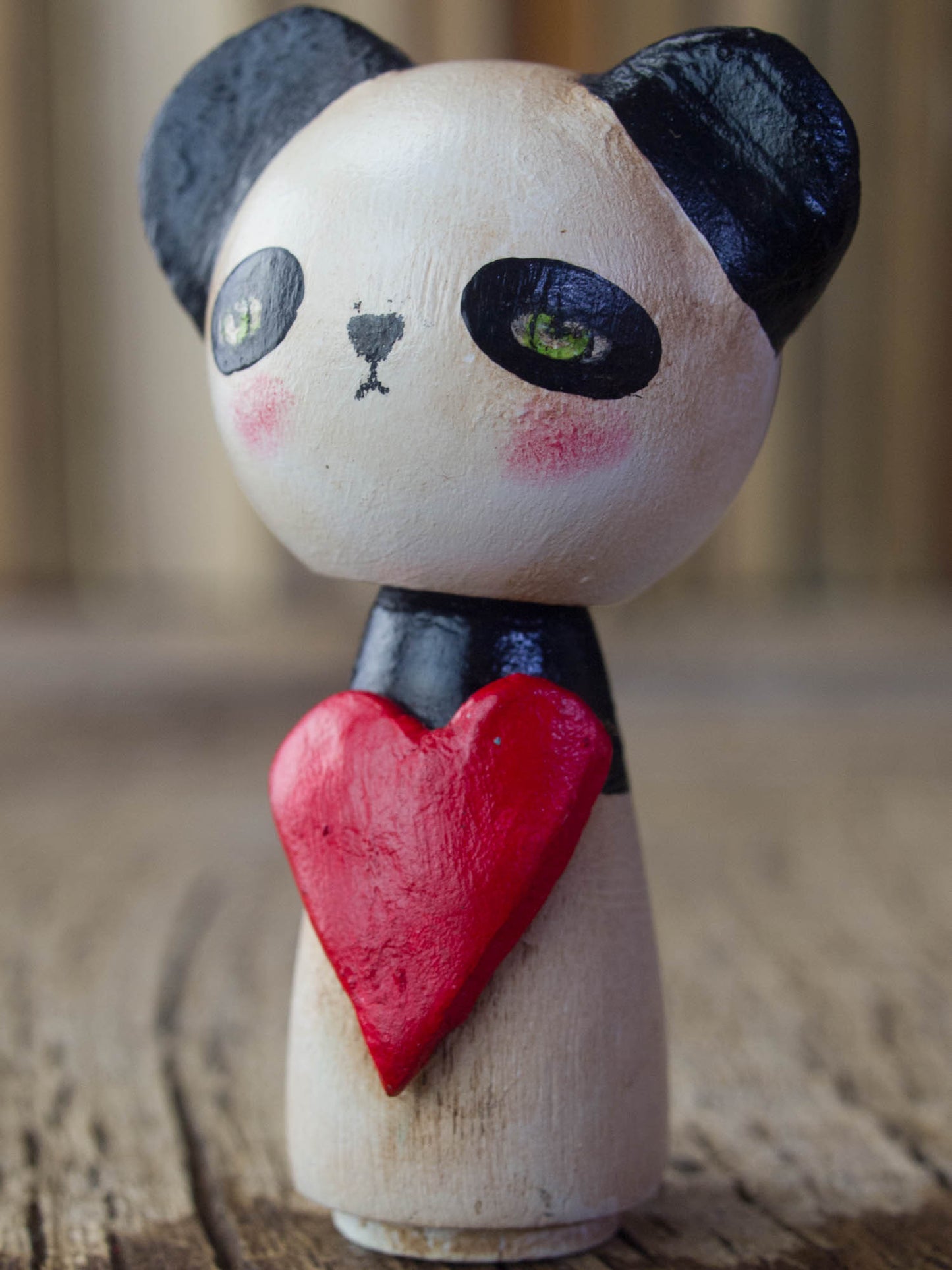 A beautiful panda woodland creature kokeshi art doll, handmade by Danita Art. 