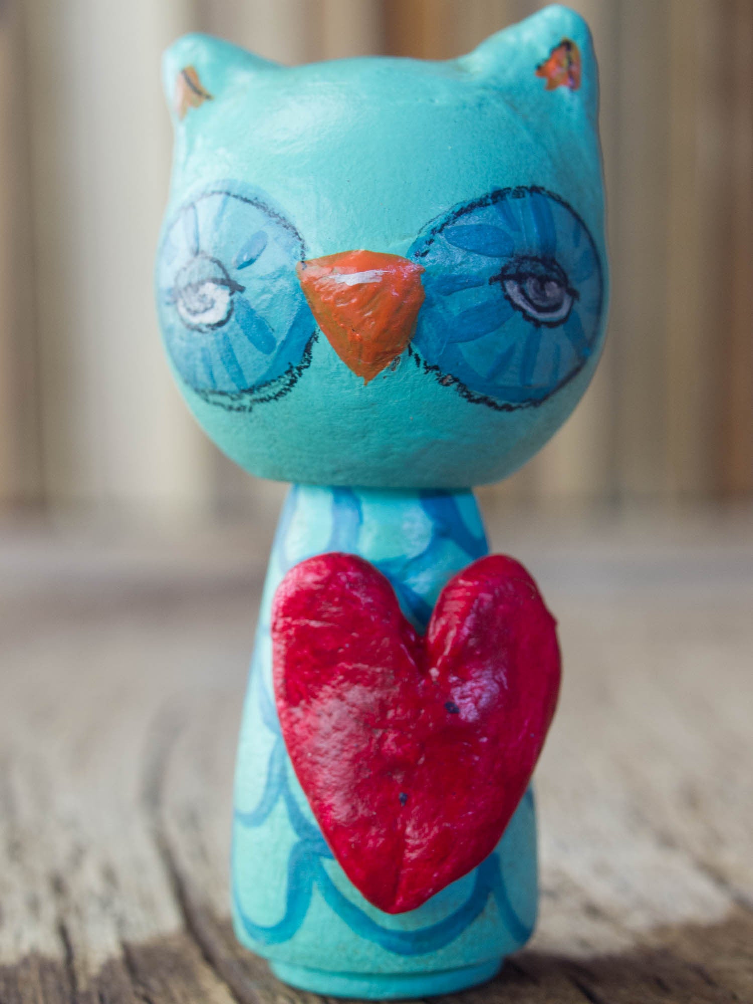 A beautiful owl woodland creature kokeshi art doll, handmade by Danita Art.
