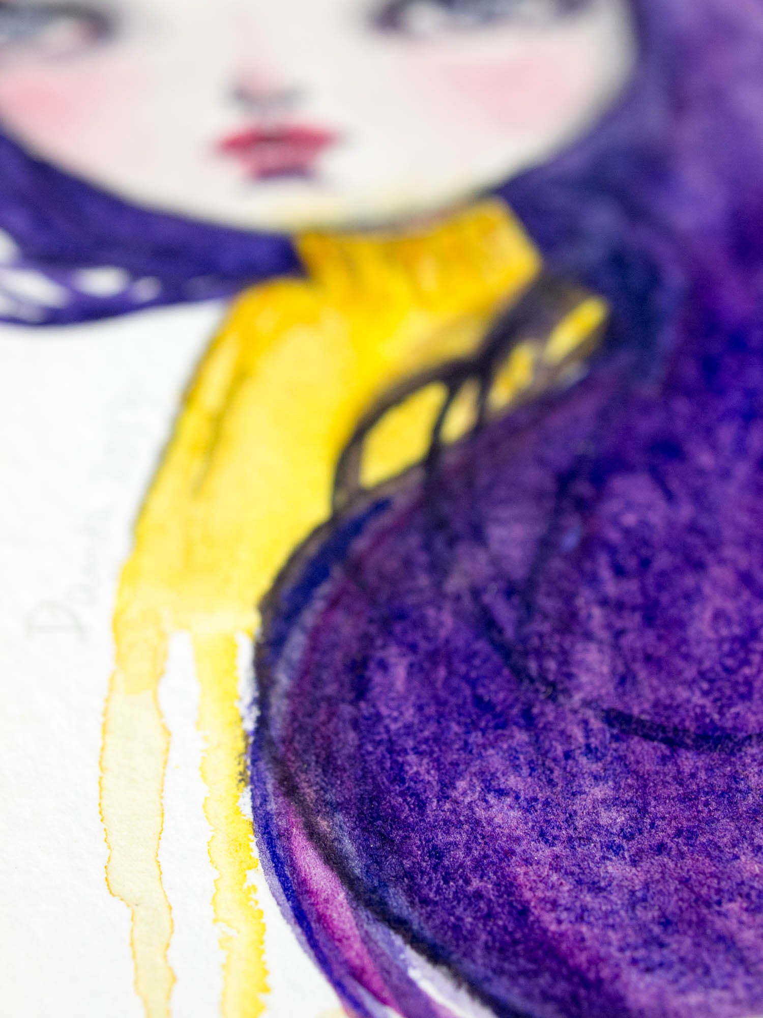 A beautiful surreal girl with purple hair materialized on Danita's latest watercolor painting art.