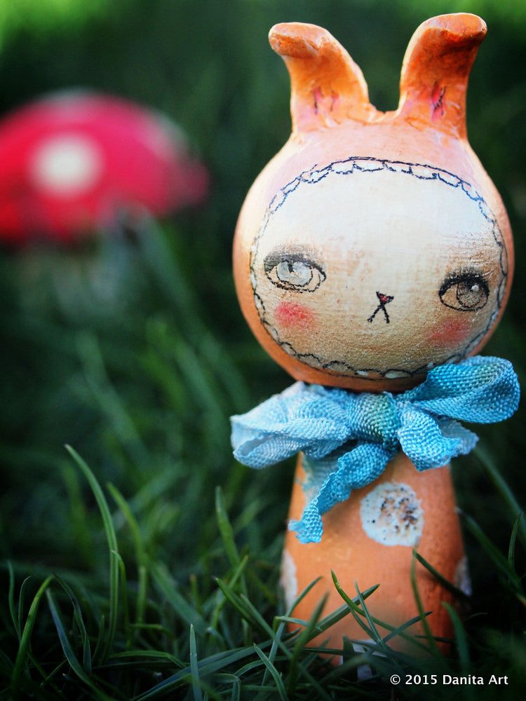 Orange, the kokeshi Easter bunny, Miniature Dolls by Danita Art