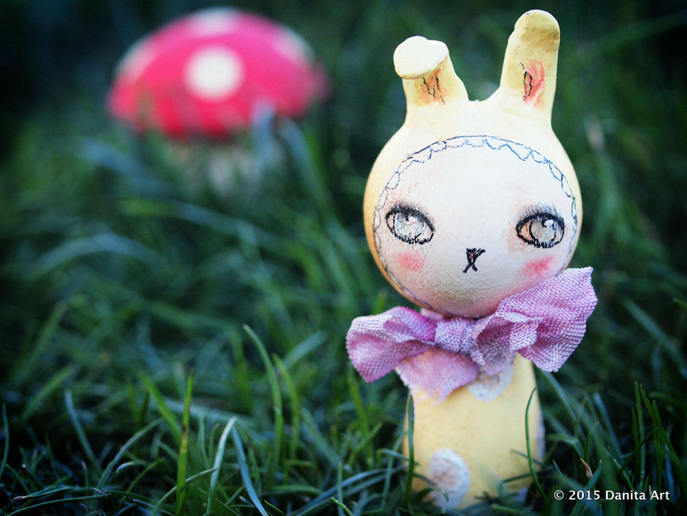 Lemon, the yellow kokeshi Easter bunny, Miniature Dolls by Danita Art