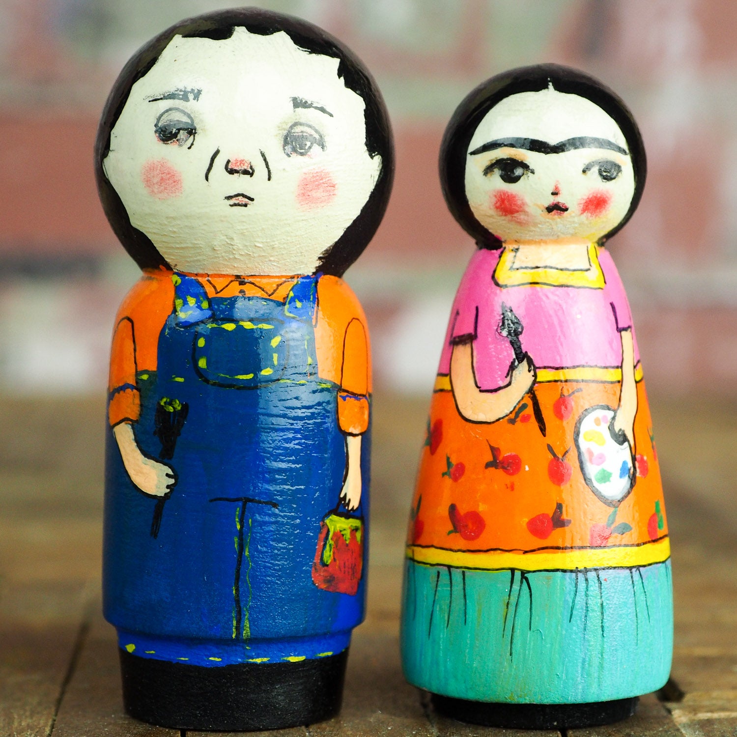 Frida y Diego - Wood Kokeshi art dolls by Danita, Miniature Dolls by Danita Art