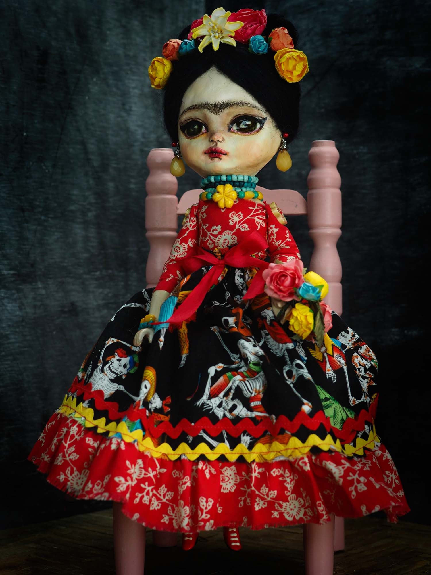 Frida with flowers, Art Doll by Danita Art