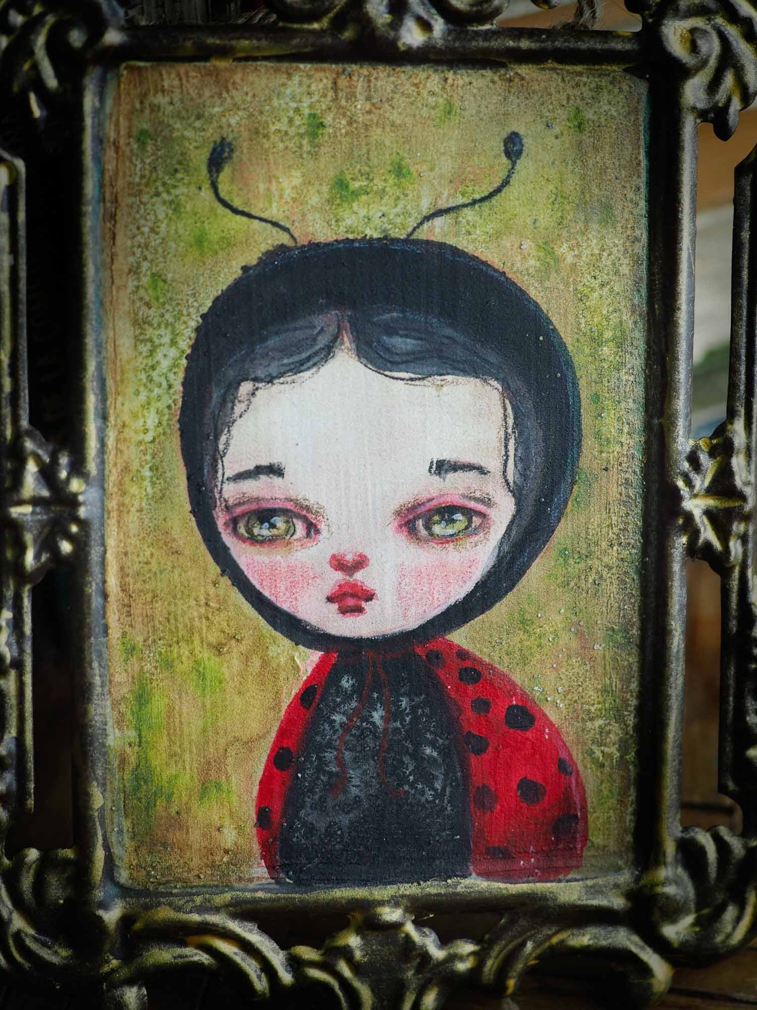 Insect bug red ladybug painting watercolor mixed media watercolor painting by Danita Art