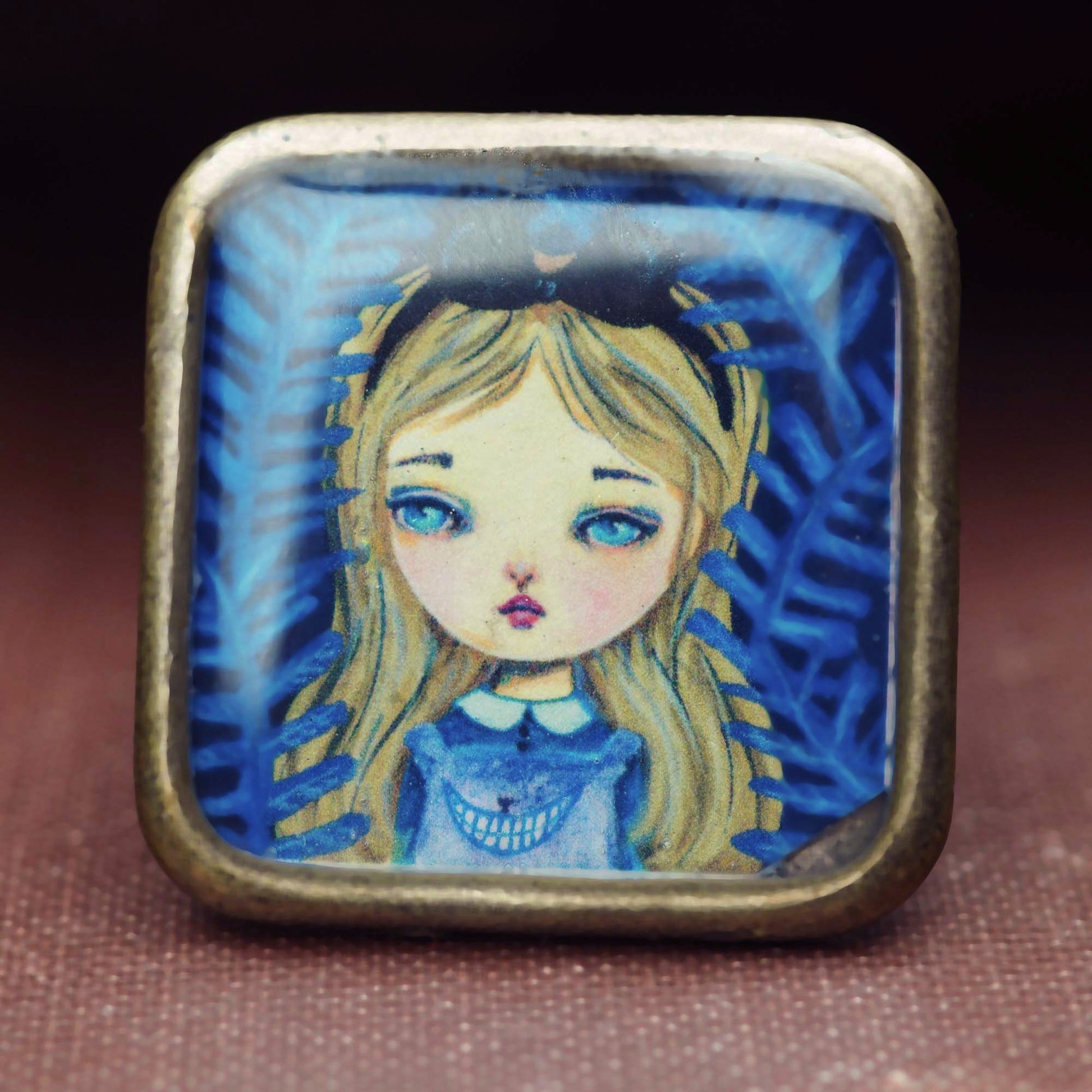 Alice in wonderland and the Cheshire cat square ring, Jewelry by Danita Art