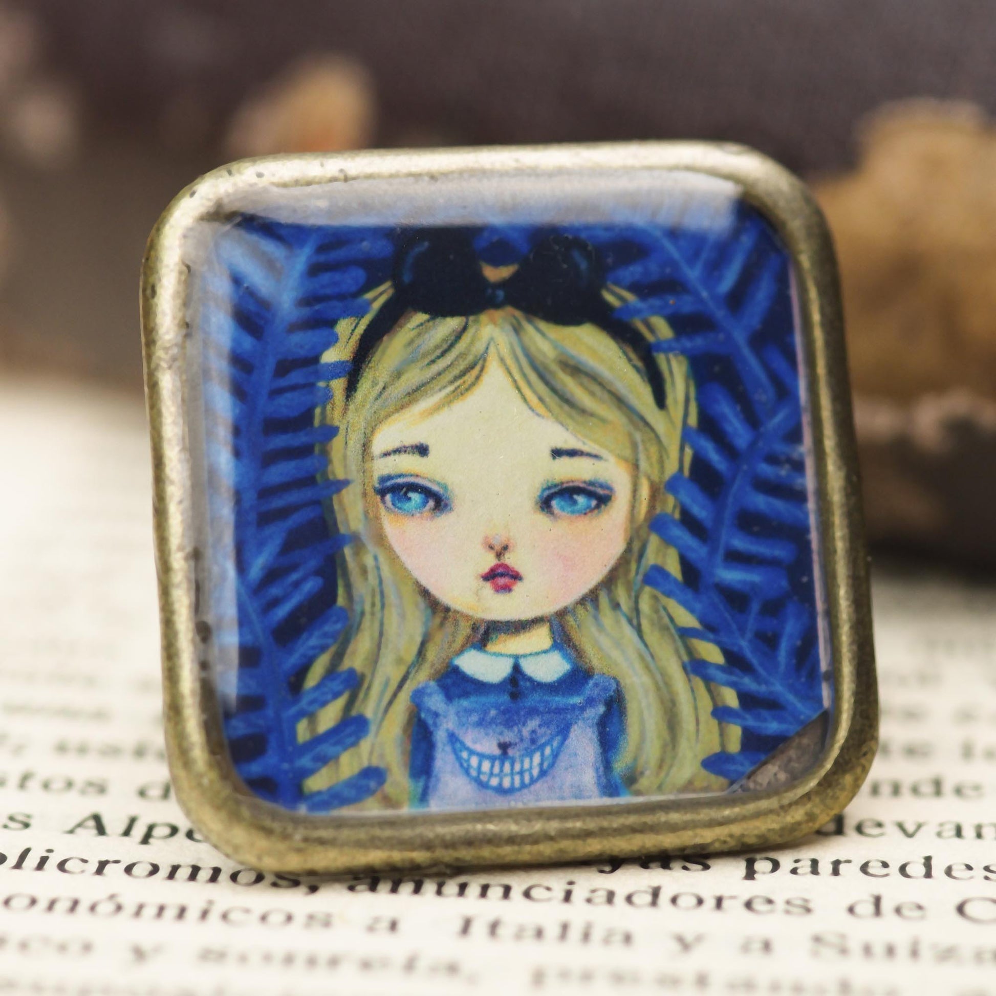 Alice in wonderland and the Cheshire cat square ring, Jewelry by Danita Art