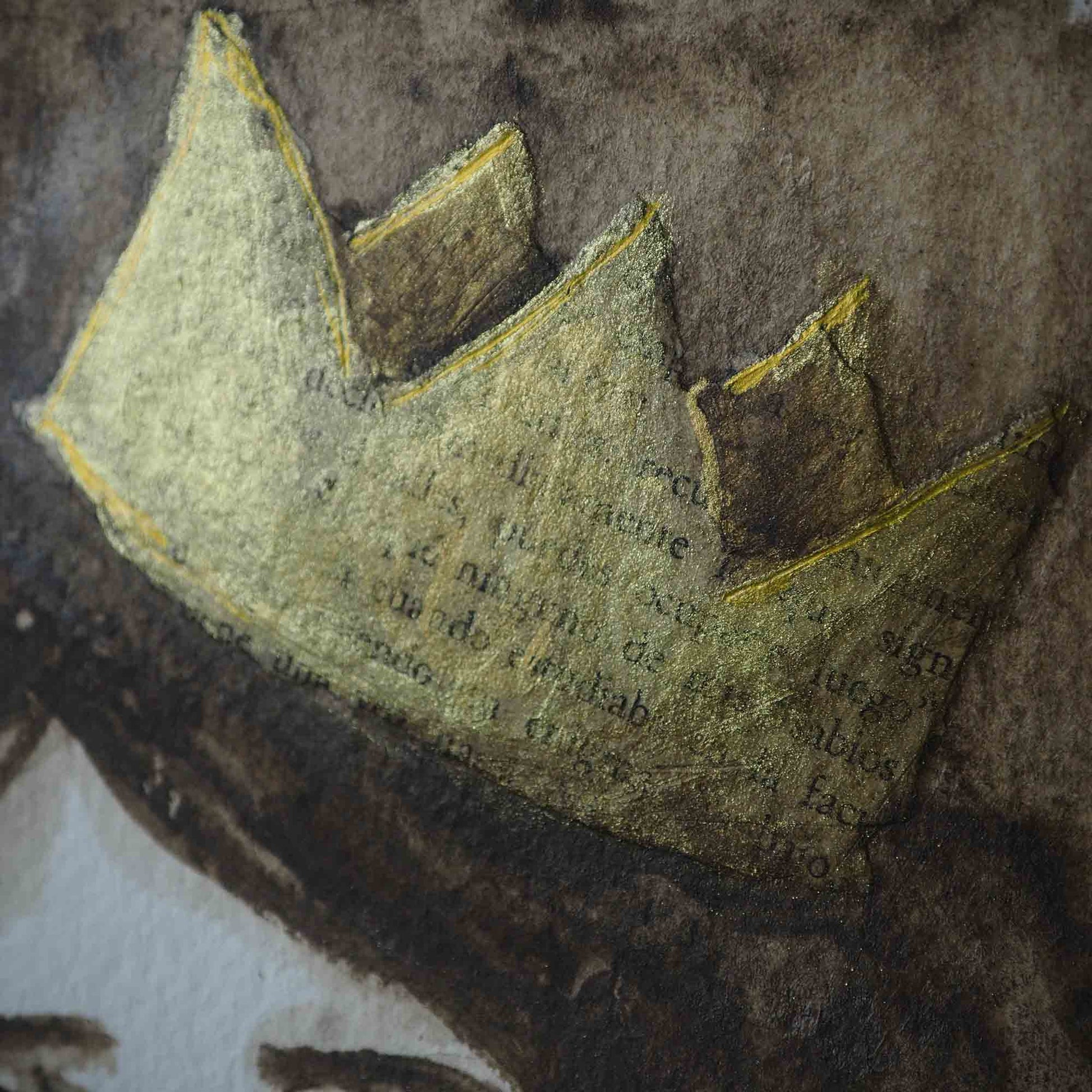 Detail of Danita mixed media crown in gold and brown. Part of the Queen, an original painting.