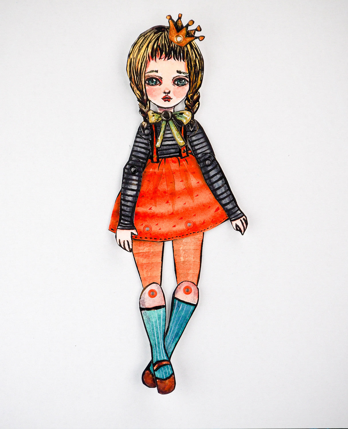 Danita painted a watercolor original painting and turned it into a paper doll jointed dress doll.