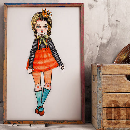 Danita painted a watercolor original painting and turned it into a paper doll jointed dress doll.