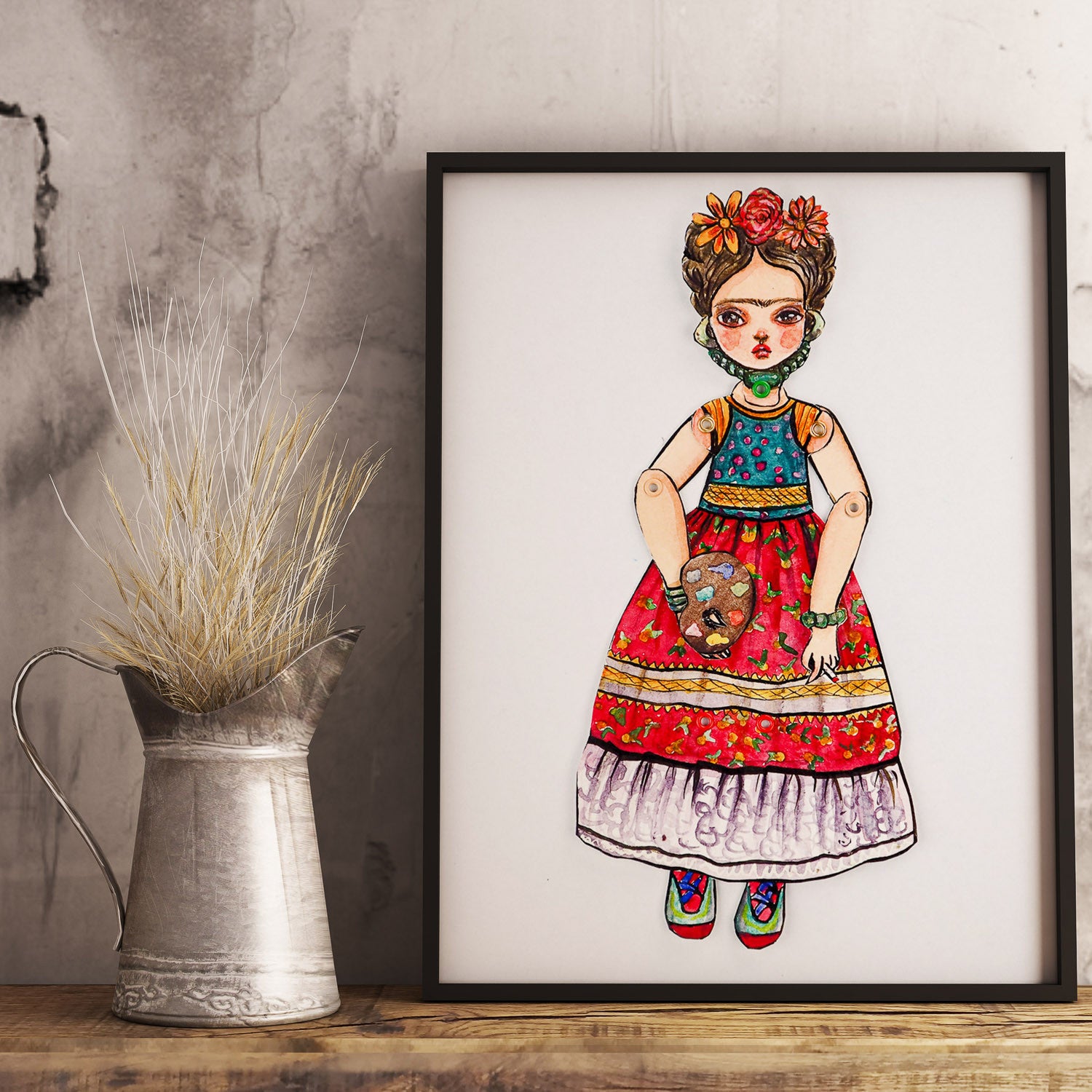 Frida watercolor original art doll by Danita, Art Doll by Danita Art