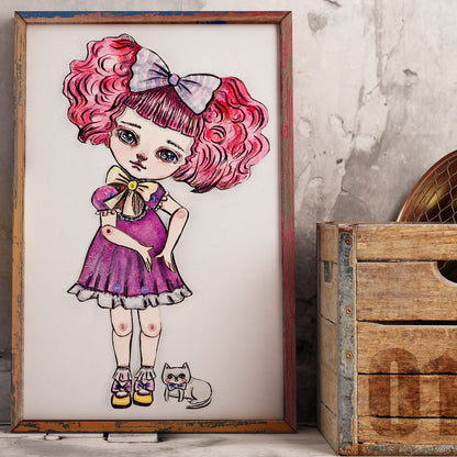Kawaii bubble bum pink hair watercolor girl by Danita. Perfect gift for cat and animal pet lovers.