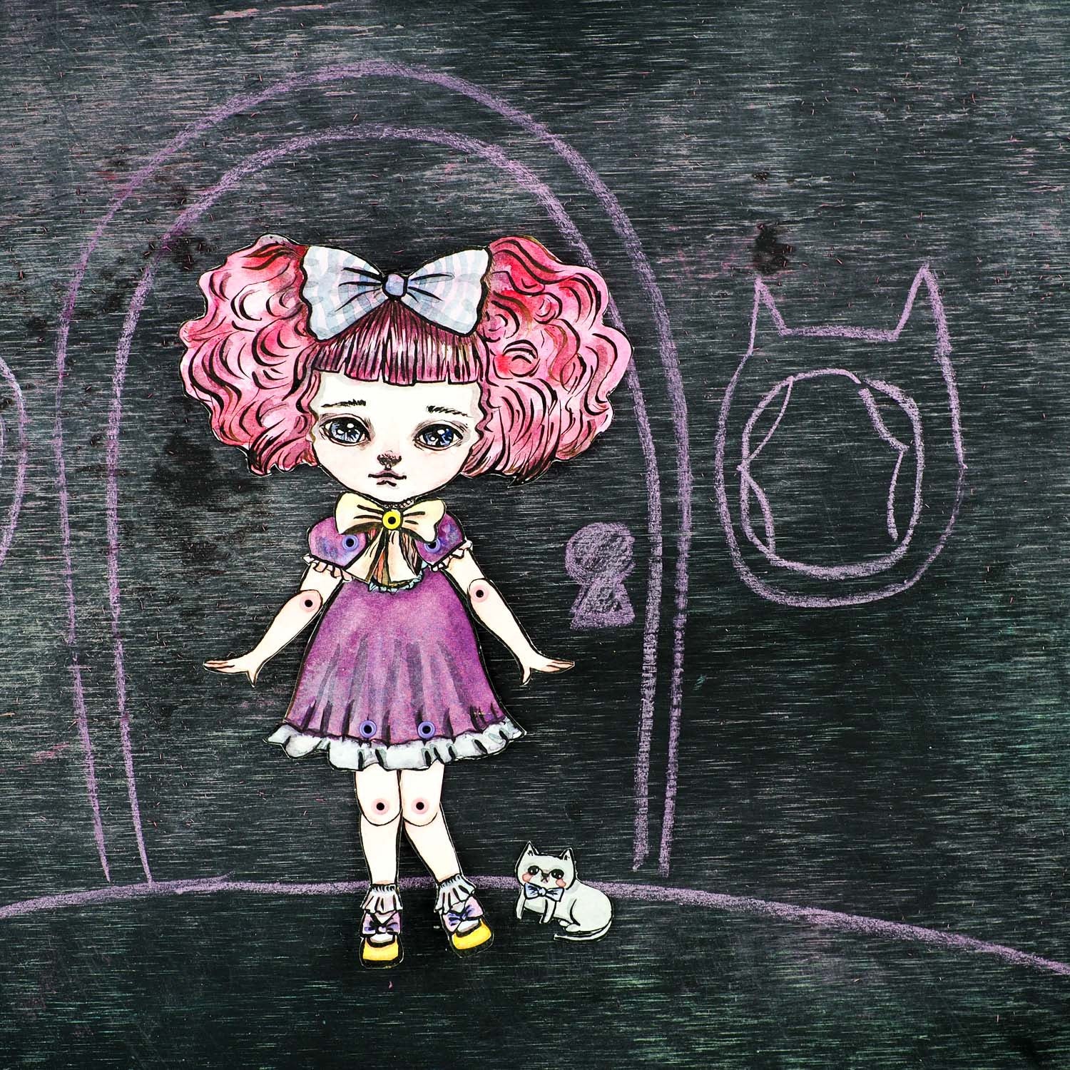Kawaii bubble bum pink hair watercolor girl by Danita. Perfect gift for cat and animal pet lovers.