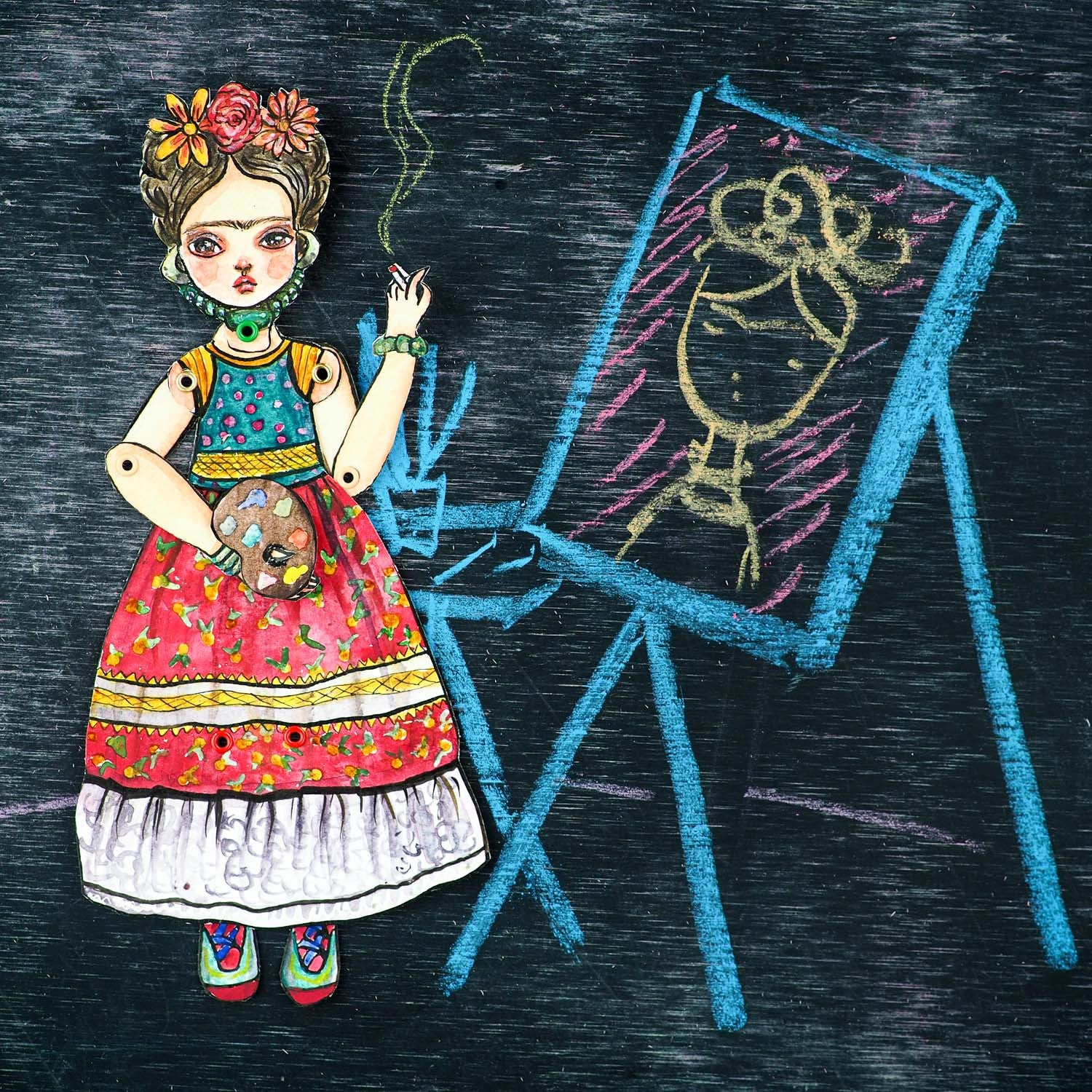 Frida watercolor original art doll by Danita, Art Doll by Danita Art