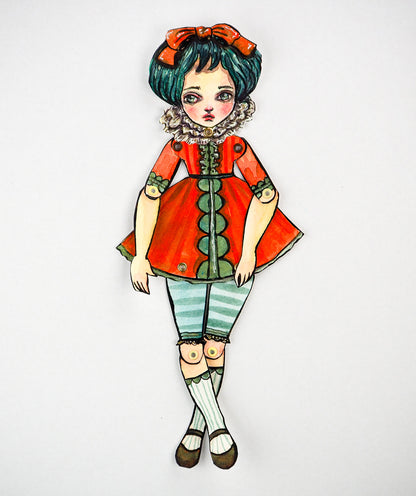 A original watercolor painting that is also a dress up paper art doll. Danita painted a girl, cut her and assembled it as a posable and articulated doll.