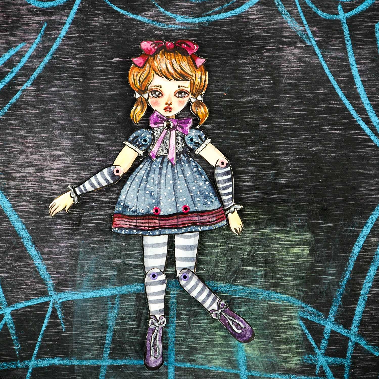 Original dress-up paper doll by Danita. Watercolor painting and mixed media, pencil, ink, charcoal create beautiful wall art doll.