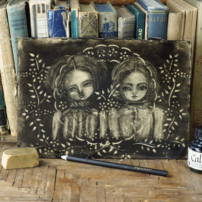 A beautiful drawing on a vintage book page by Danita Art. Created using charcoal and graphite pencils, dark pastels and graphite blocks. Mixed media original illustration.