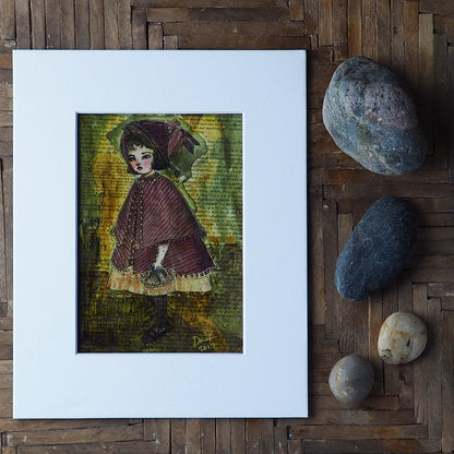 An original mixed media original panting by Danita. Little red riding hood in collage, watercolors and inks.