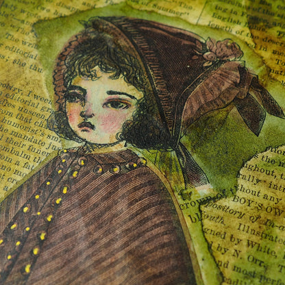 An original mixed media original panting by Danita. Little red riding hood in collage, watercolors and inks.