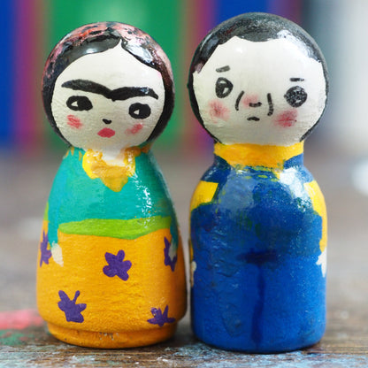 Frida and Diego - Micro kokeshi wood peg dolls by Danita, Miniature Dolls by Danita Art
