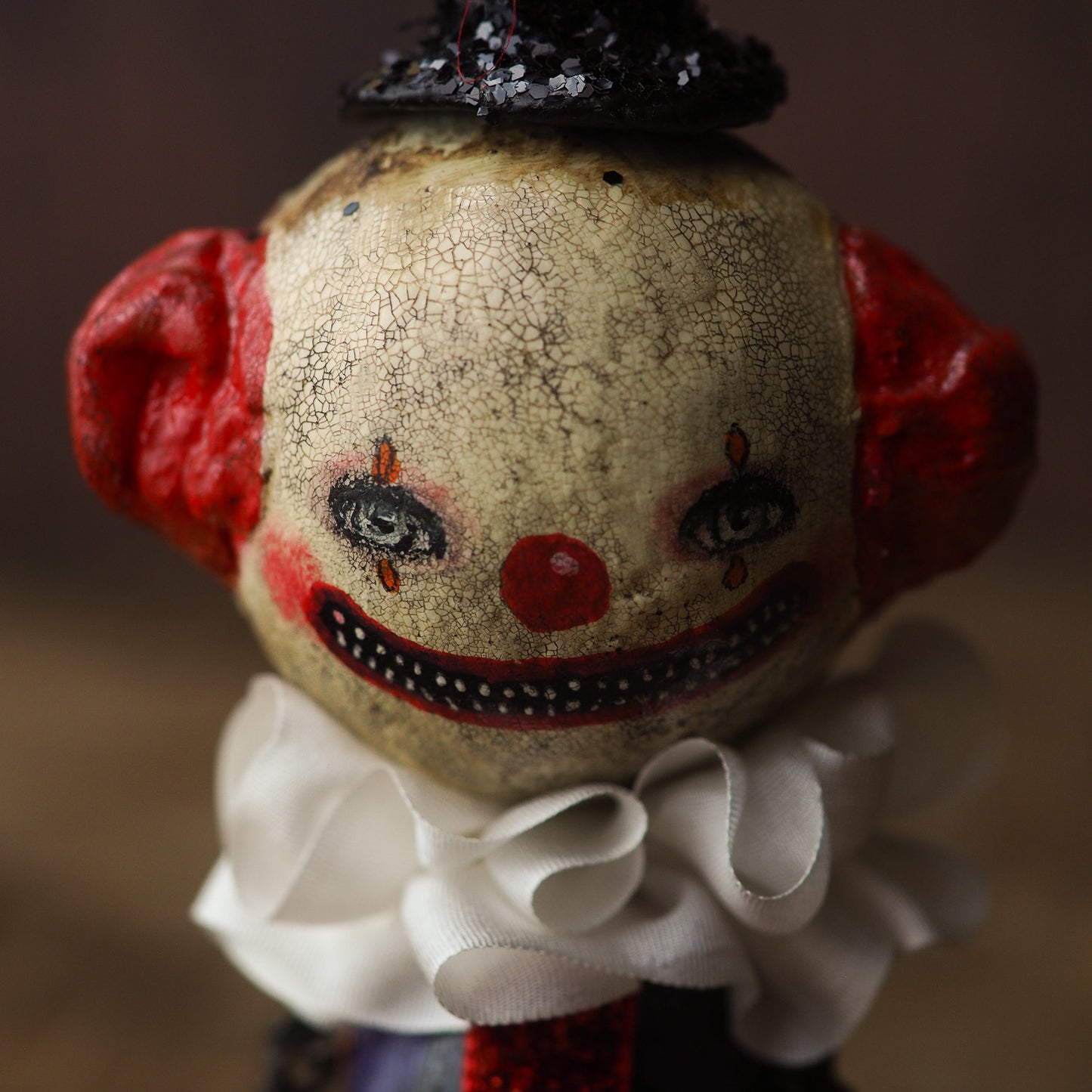 Original Halloween art doll original creation by Danita Art. Paper Clay, sculpted and painted in a spooky whimsical unique work of art. Clown IT Pennywise Evil.