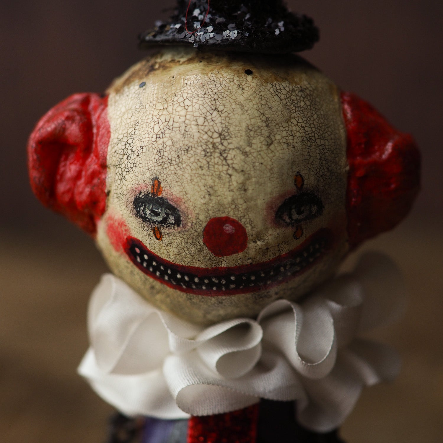 Original Halloween art doll original creation by Danita Art. Paper Clay, sculpted and painted in a spooky whimsical unique work of art. Clown IT Pennywise Evil.