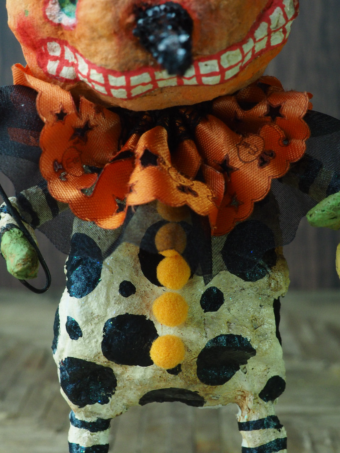 Original Halloween art doll original creation by Danita Art. Paper Clay, sculpted and painted in a spooky whimsical unique work of art. jack-o-lantern pumpkin skull spun cotton.