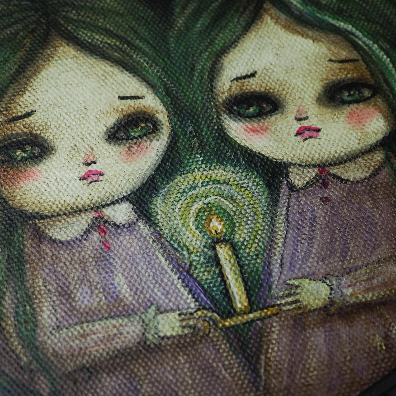 Sisters by candle light: An original mixed media painting by Danita. Mystery and horror mix in a whimsical image of two sisters exploring a haunted mansion by candlelight. Made with acrylics, oils, pencils, graphite and more over a stretched canvas.