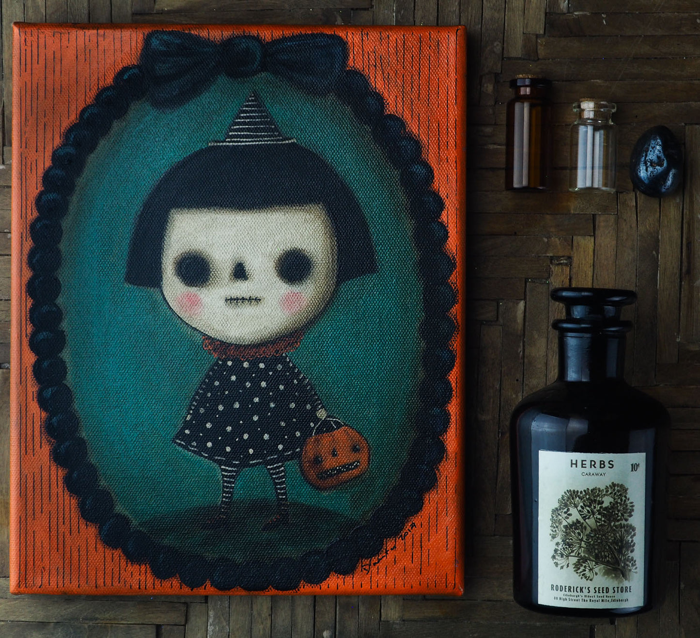 Original painting by Danita Art. Mixed media art using acrylics, oils, pastels, graphite and color pencils for an amazing Halloween decoration to accent your home decor.