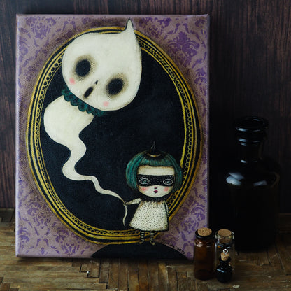 An original painting by Danita. Decorate Halloween with wall art, original home decor ghost, girl witch in a whimsical and friendly style. Acrylic Paint Oil Paint Pastels Pencil Graphite Art