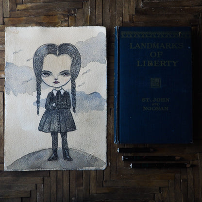 Wednesday Addams in watercolor and pencil by Danita. Creamy paper stands out this illustration on creamy paper. Great for Halloween decoration and any home decor.
