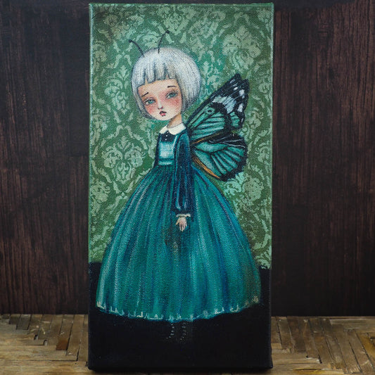Danita butterfly surrealist folk art painting. Melancholic surreal illustration of moth woman in blue and green.