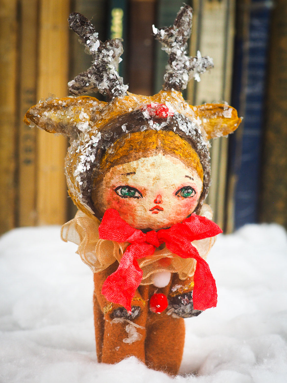 Rudolph the red nose reindeer Christmas tree ornament doll by Danita. Handmade mini doll figurine for your holiday gift list.