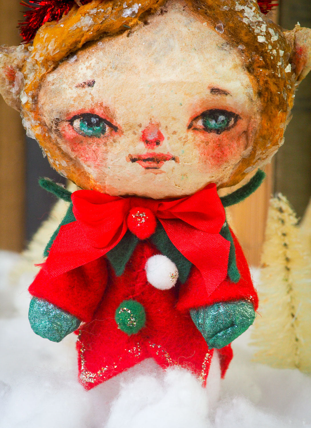 Handmade Christmas Elf tree ornament doll by Danita. Whimsical folk art spun cotton home decor figurine for Holiday season, covered in vintage mica.