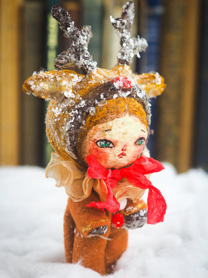 Rudolph the red nose reindeer Christmas tree ornament doll by Danita. Handmade mini doll figurine for your holiday gift list.