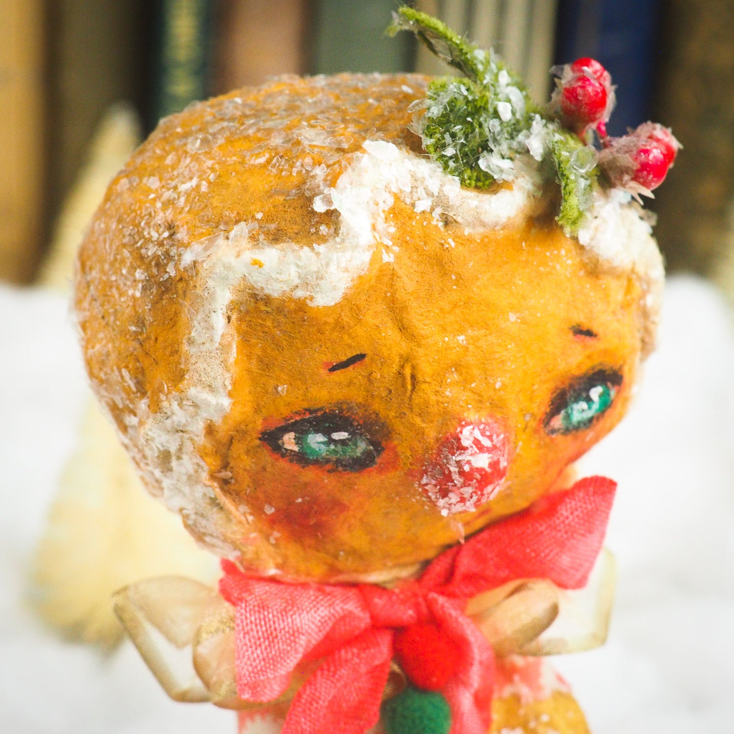 Handmade ginger bread Christmas tree ornament doll by Danita. Whimsical folk art spun cotton home decor figurine for Holiday season, covered in vintage mica.