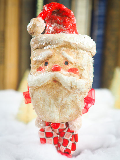 Handmade Christmas tree ornament Santa Claus doll by Danita. Whimsical folk art spun cotton home decor figurine for Holiday season, covered in vintage mica.