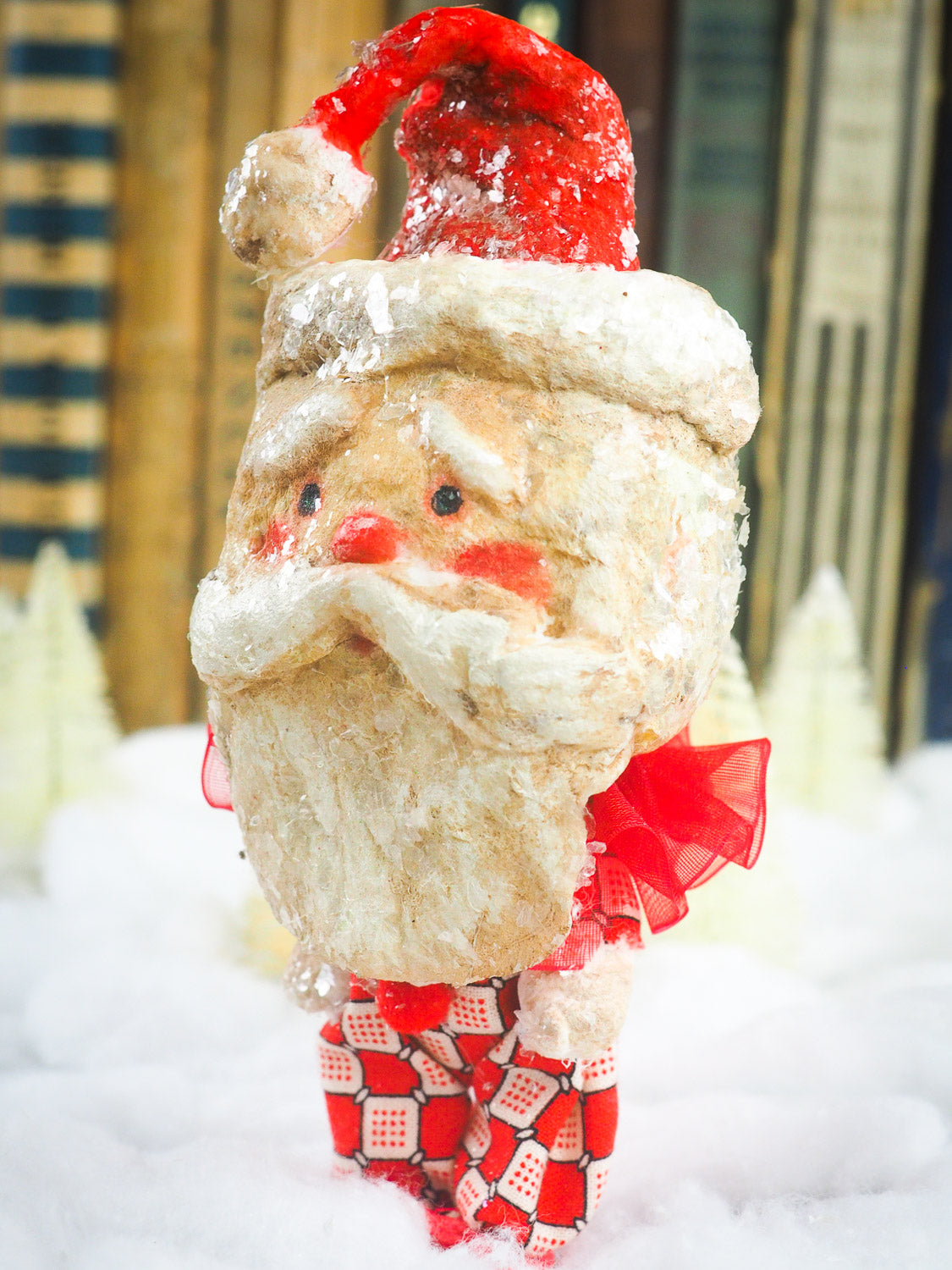 Handmade Christmas tree ornament Santa Claus doll by Danita. Whimsical folk art spun cotton home decor figurine for Holiday season, covered in vintage mica.