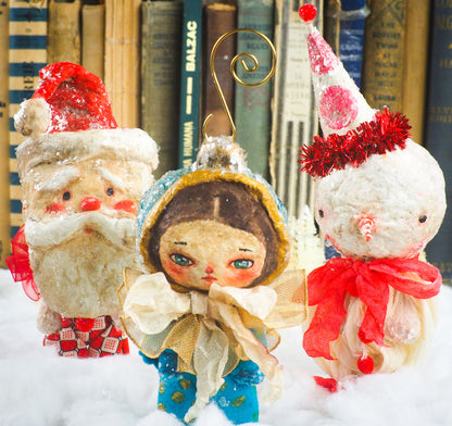Handmade Christmas Elf tree ornament doll by Danita. Whimsical folk art spun cotton home decor figurine for Holiday season, covered in vintage mica.
